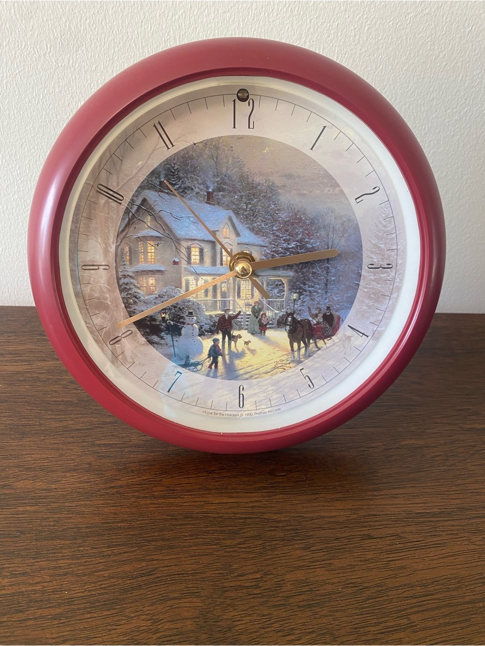 Thomas Kinkade Red Wall Clock with Winter Village Scene
